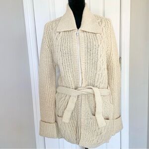 Gaeltarra Vintage Collared Aran Wool Hand Knit Zip Cardigan Cream Belted Large